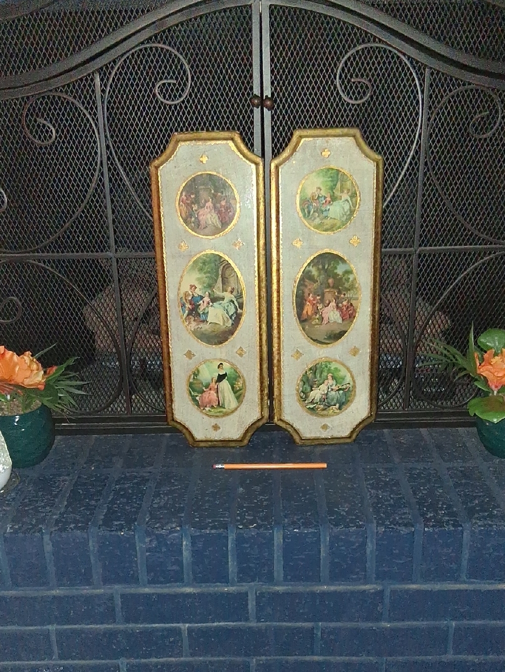 Vintage Pair of Framed Decorative Panels with Gilt Trim